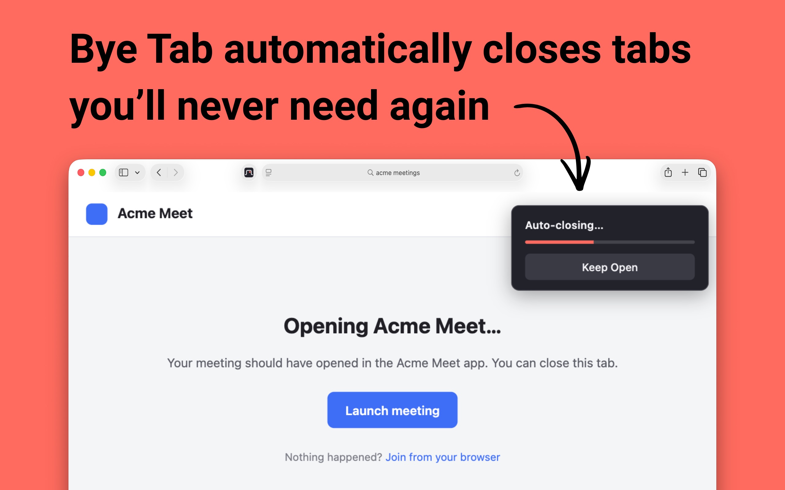 A tab on a meeting launch page with the Bye Tab countdown card in the corner, showing a progress bar and a Keep Open button