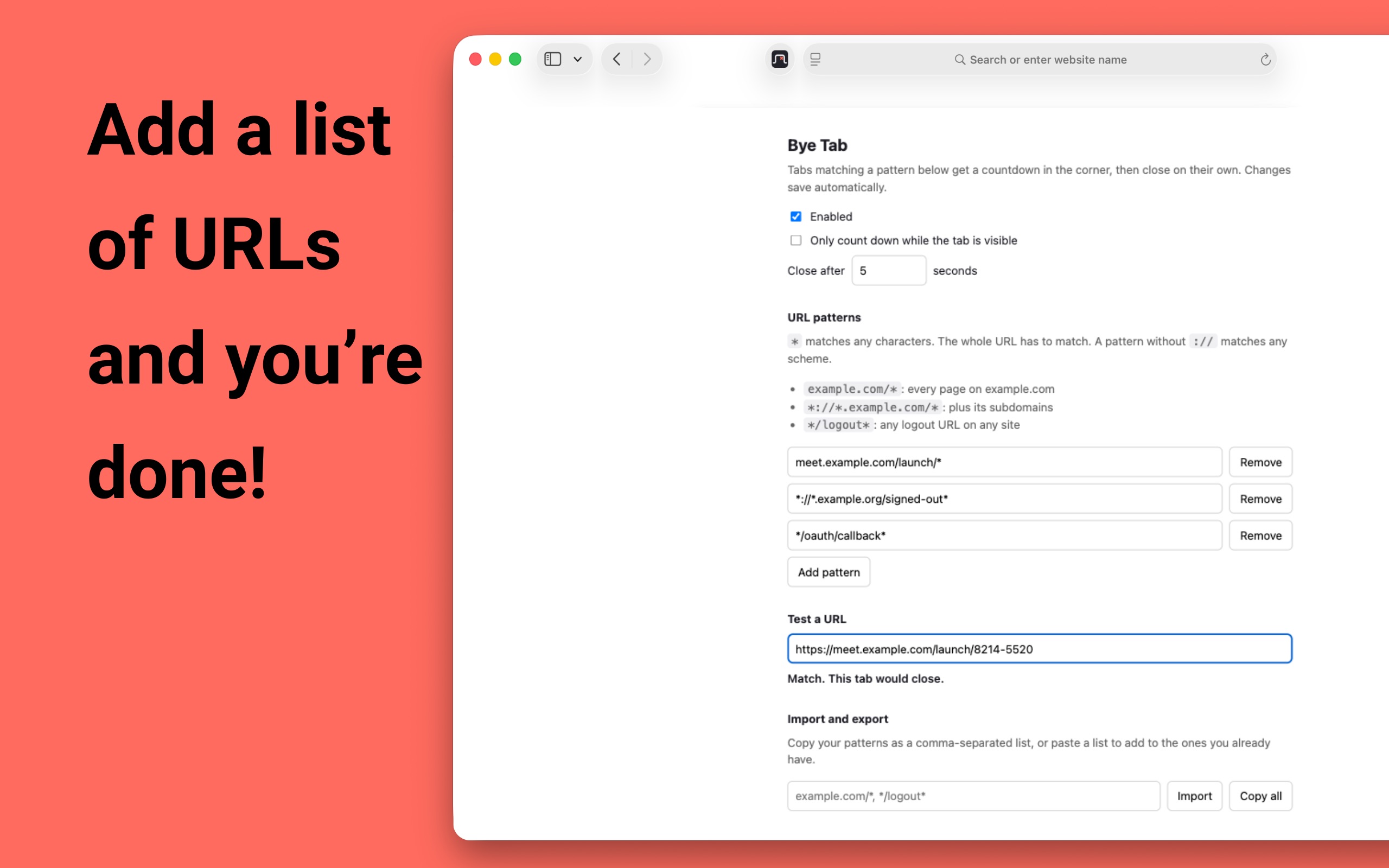 The Bye Tab settings page with the countdown length, a list of URL patterns, a URL tester and the import and export box