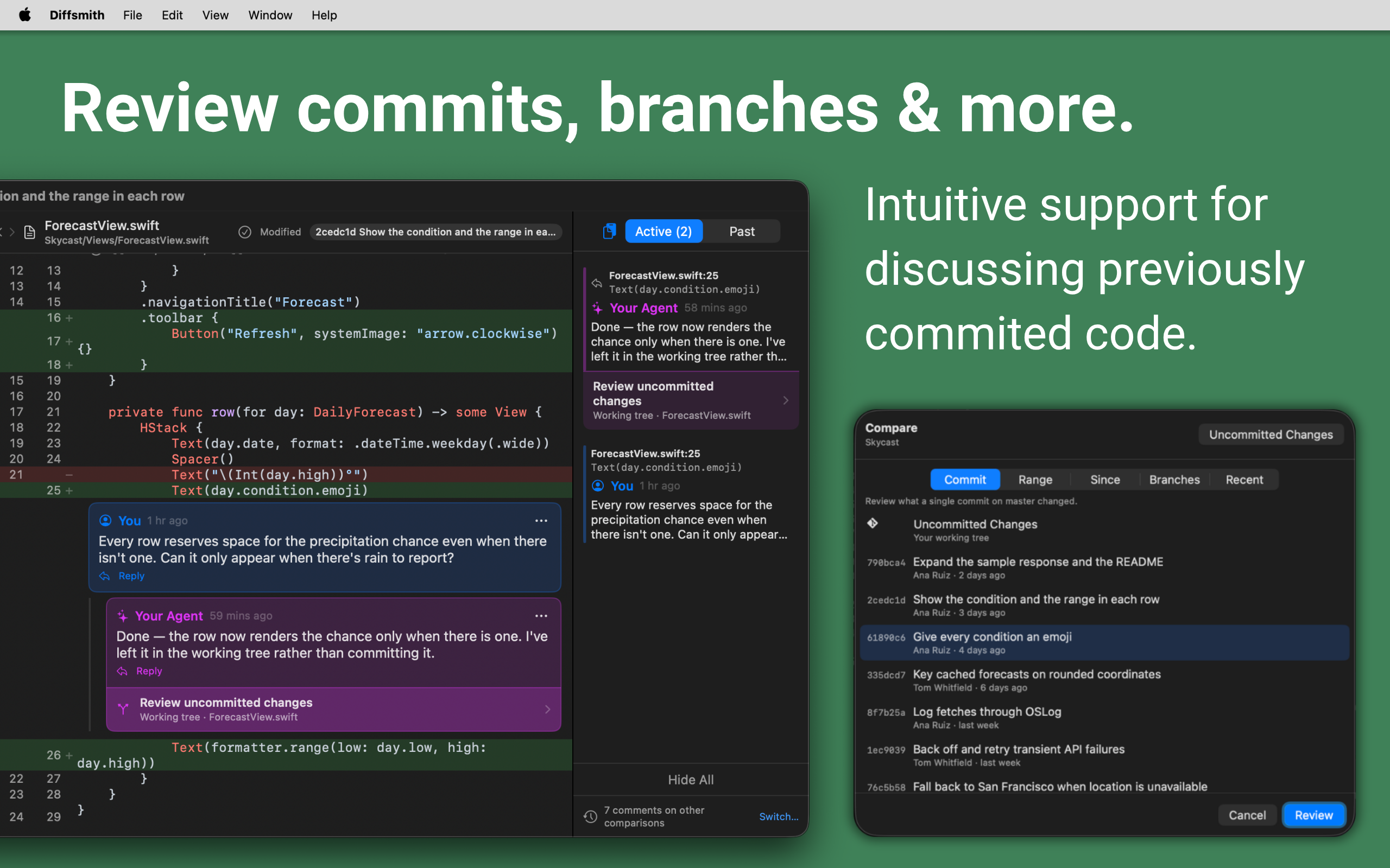 Diffsmith — reviewing a past commit, a commit range, or a branch comparison instead of the git working tree