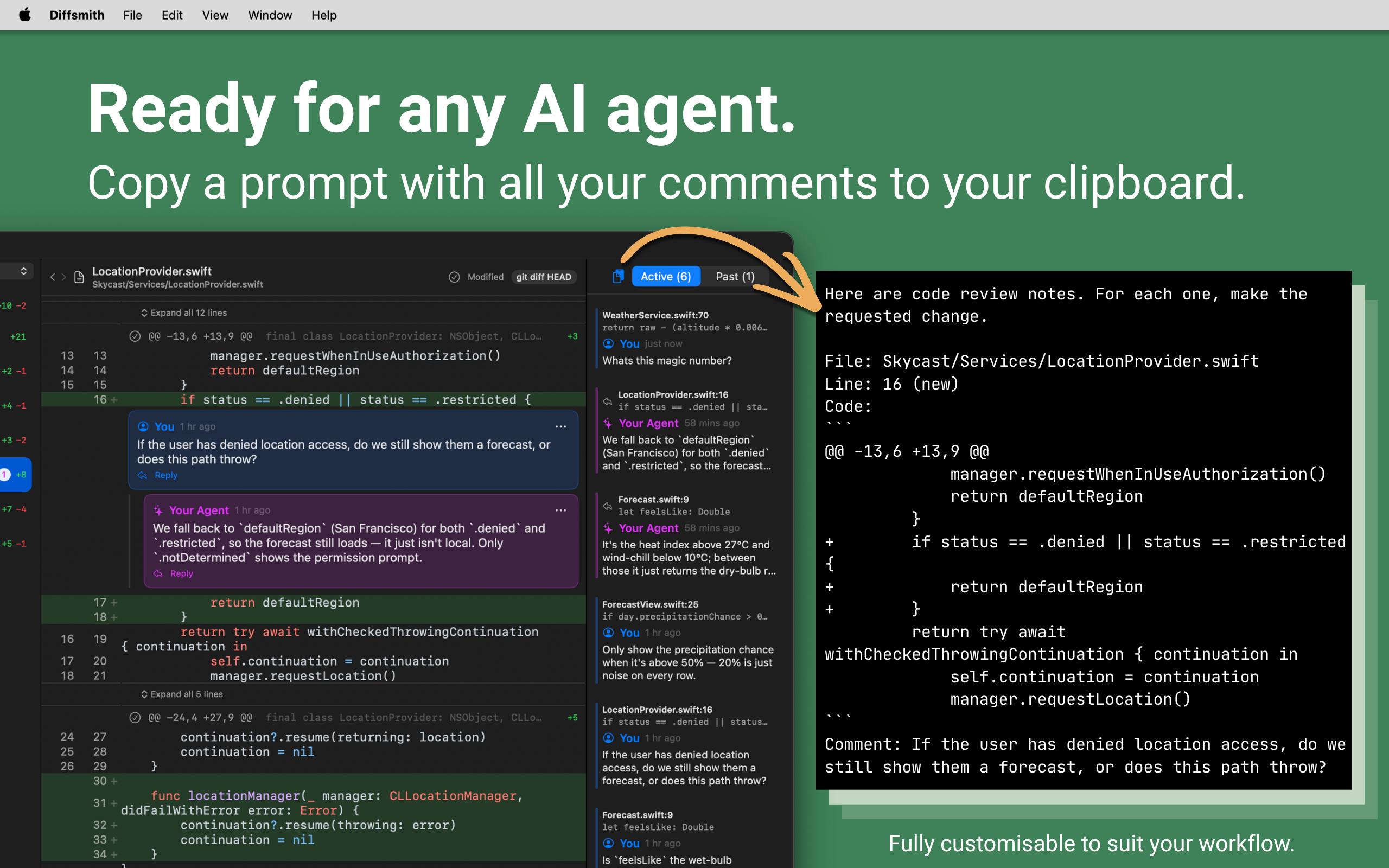 Diffsmith — copying all review comments to the clipboard as a formatted prompt for Claude Code, Cursor, or any AI agent