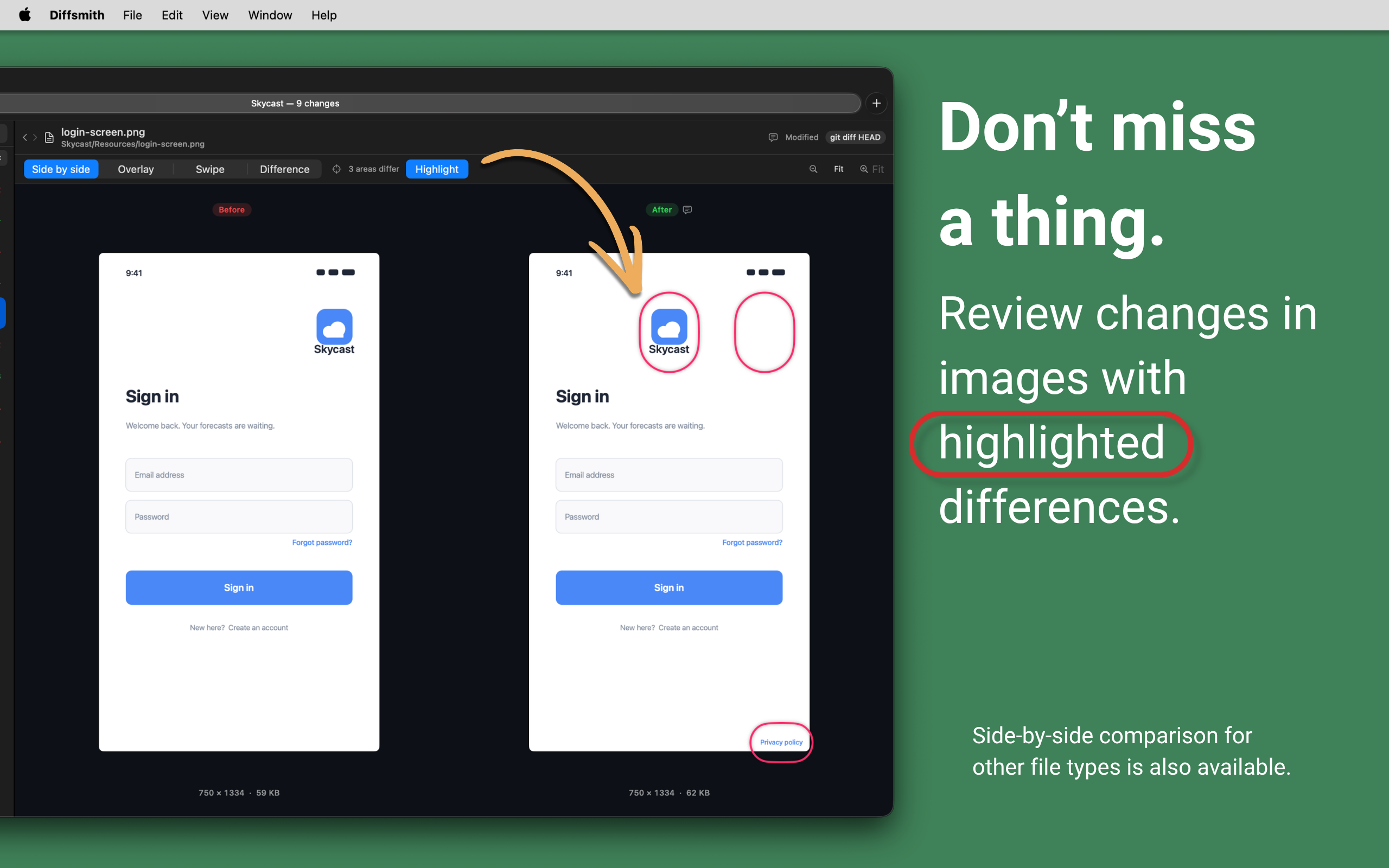 Diffsmith — comparing two versions of an image with the changed regions highlighted
