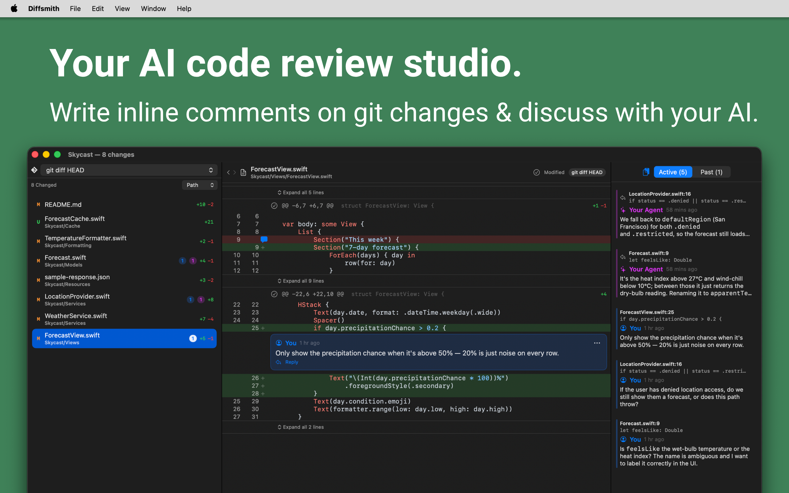 Diffsmith on macOS — writing inline comments on the git diff of code written by an AI coding agent