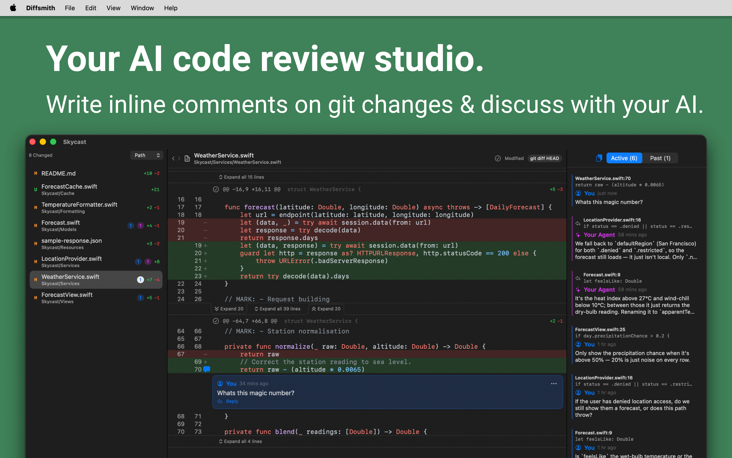 Diffsmith on macOS — writing inline comments on the git diff of code written by an AI coding agent