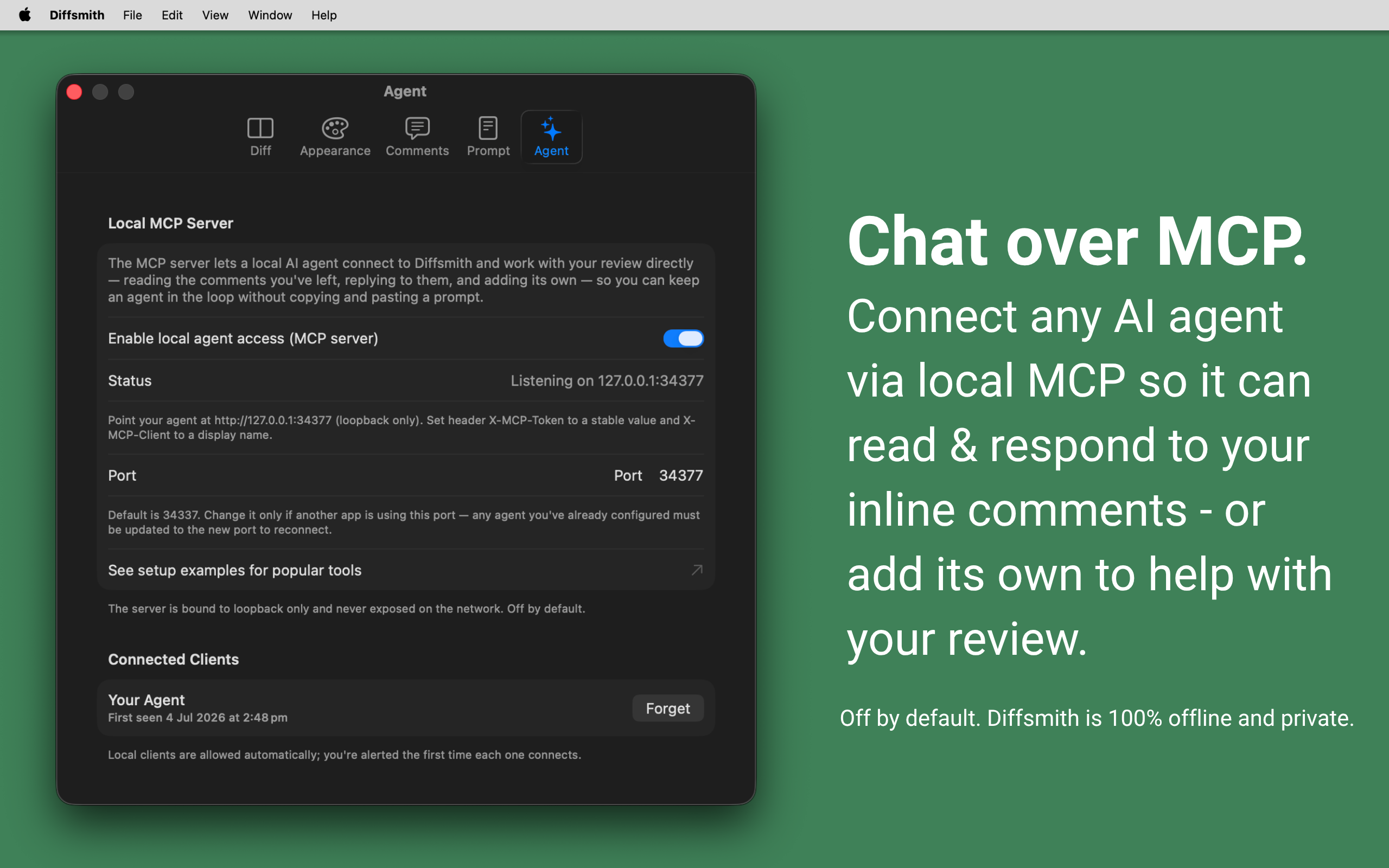 Diffsmith — connecting an AI coding agent over a local MCP server to read and respond to inline code review comments