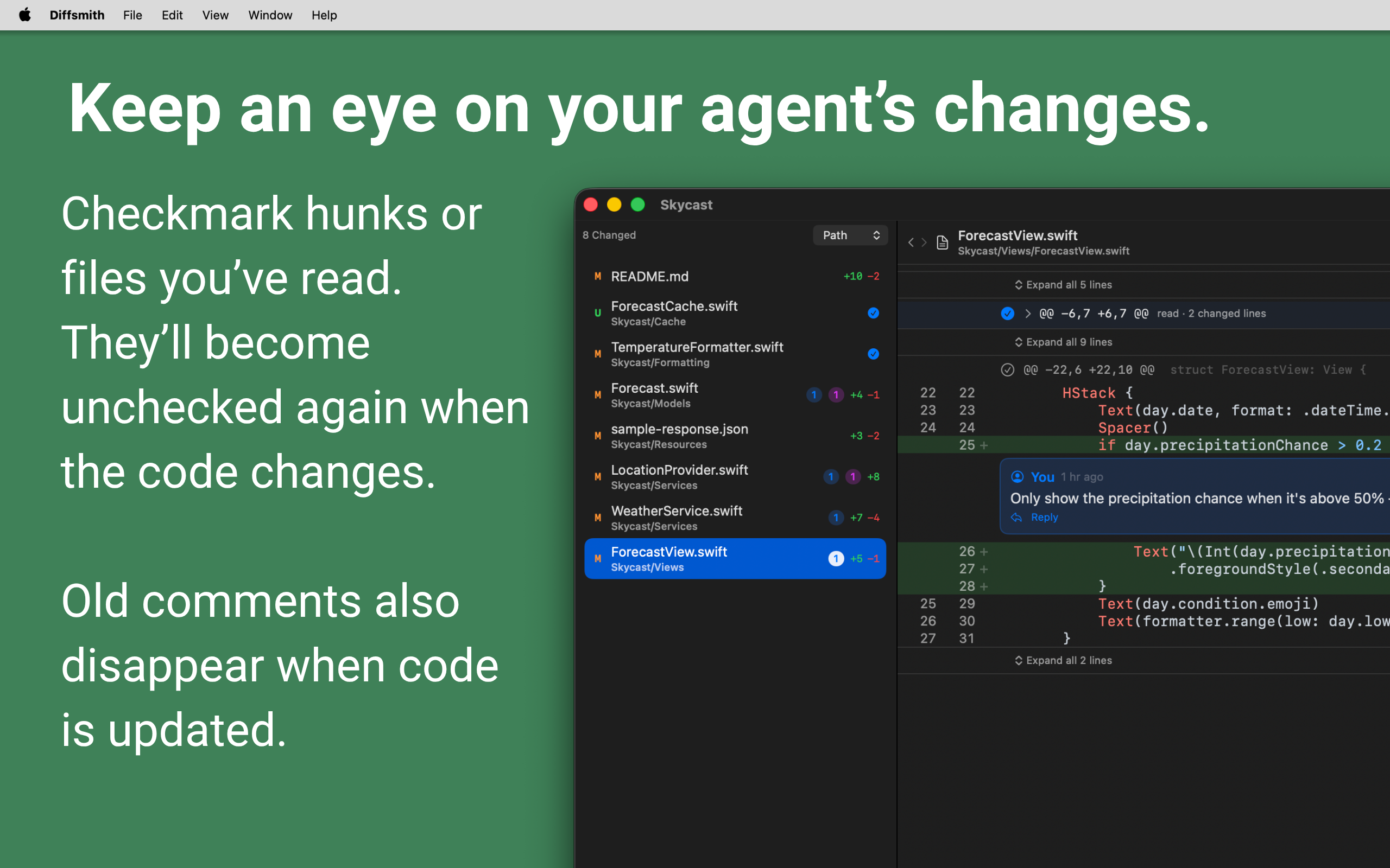 Diffsmith — watching an AI agent's local git changes update live as files change on disk