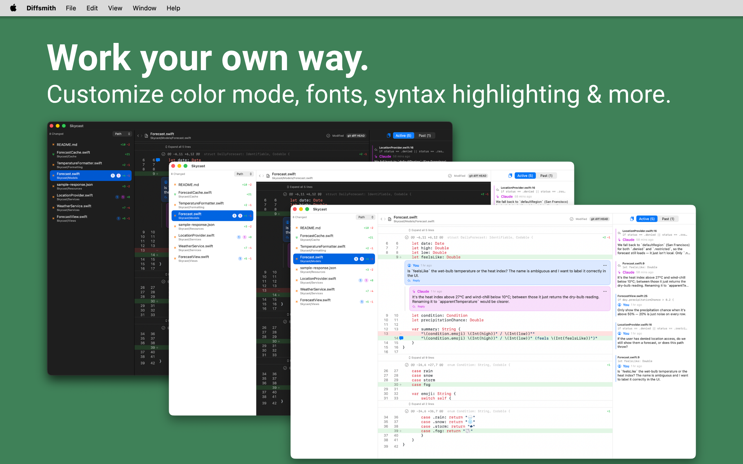Diffsmith — customizing light and dark mode, code fonts, and syntax highlighting themes