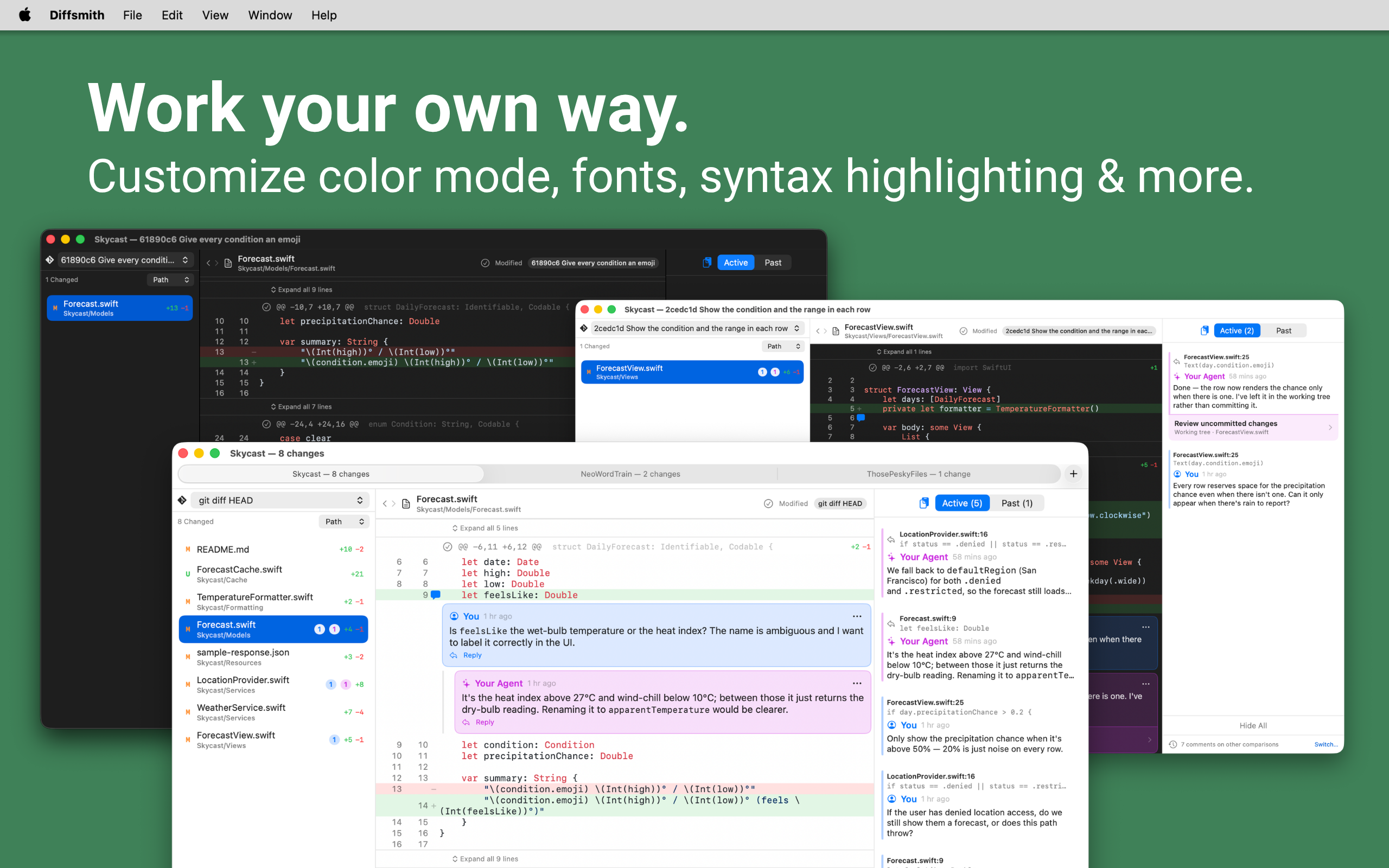 Diffsmith — customizing light and dark mode, code fonts, and syntax highlighting themes