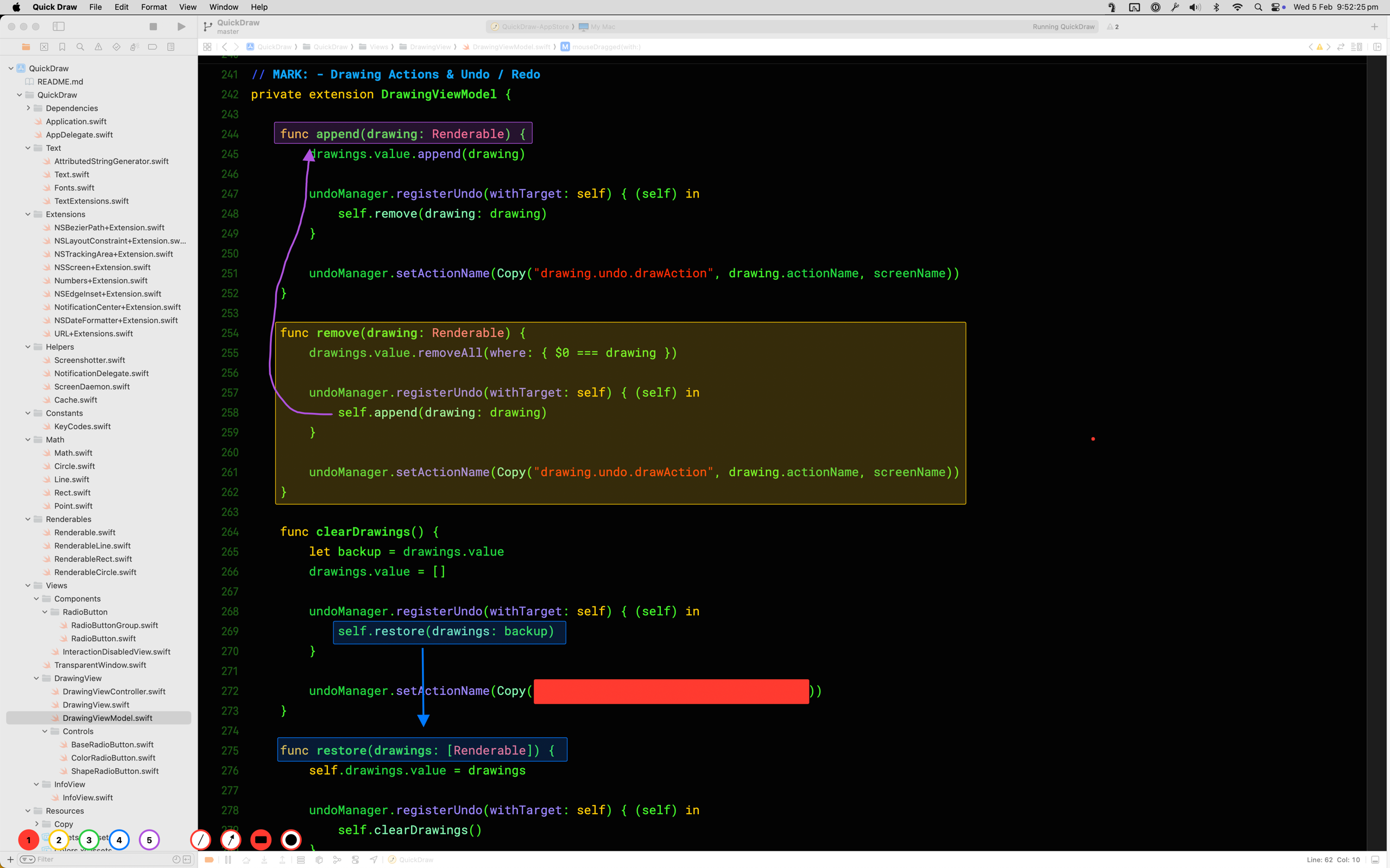 Quick Draw on macOS — arrows and highlight boxes drawn over Xcode to point out specific lines of code