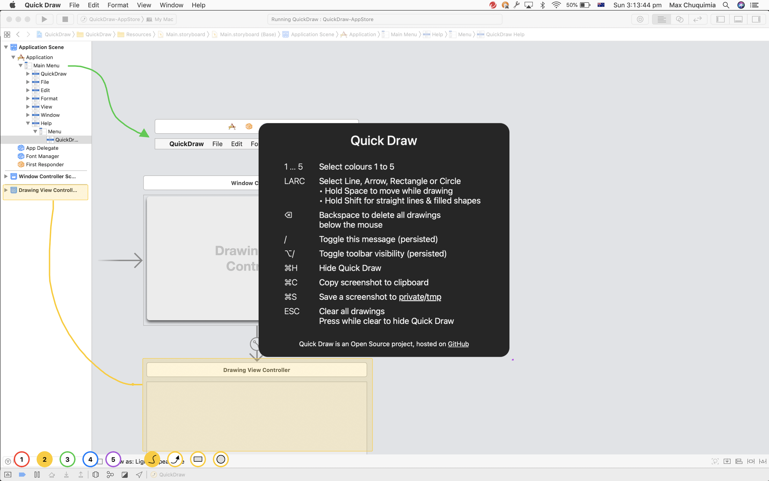 Quick Draw — the built-in shortcut card listing colours, shapes and keyboard controls
