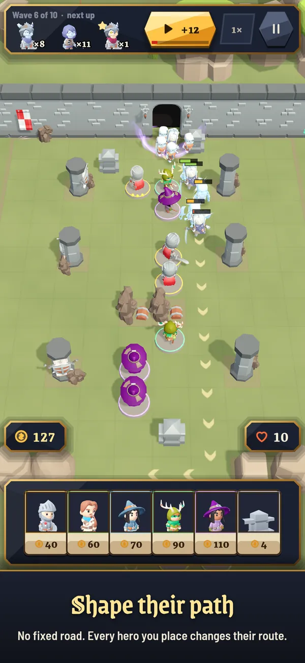 A battle in RattleVale with skeletons following a winding path between heroes and stone pillars