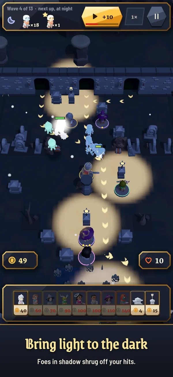 A night level lit by pools of lantern light while skeletons walk the maze