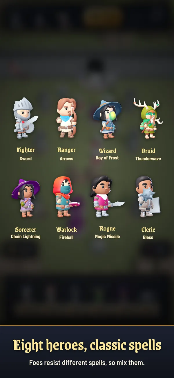 All eight heroes with their spells