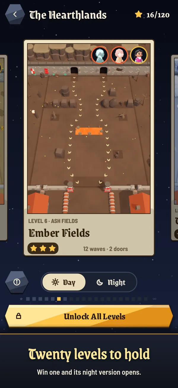 The level map showing Ember Fields with three stars