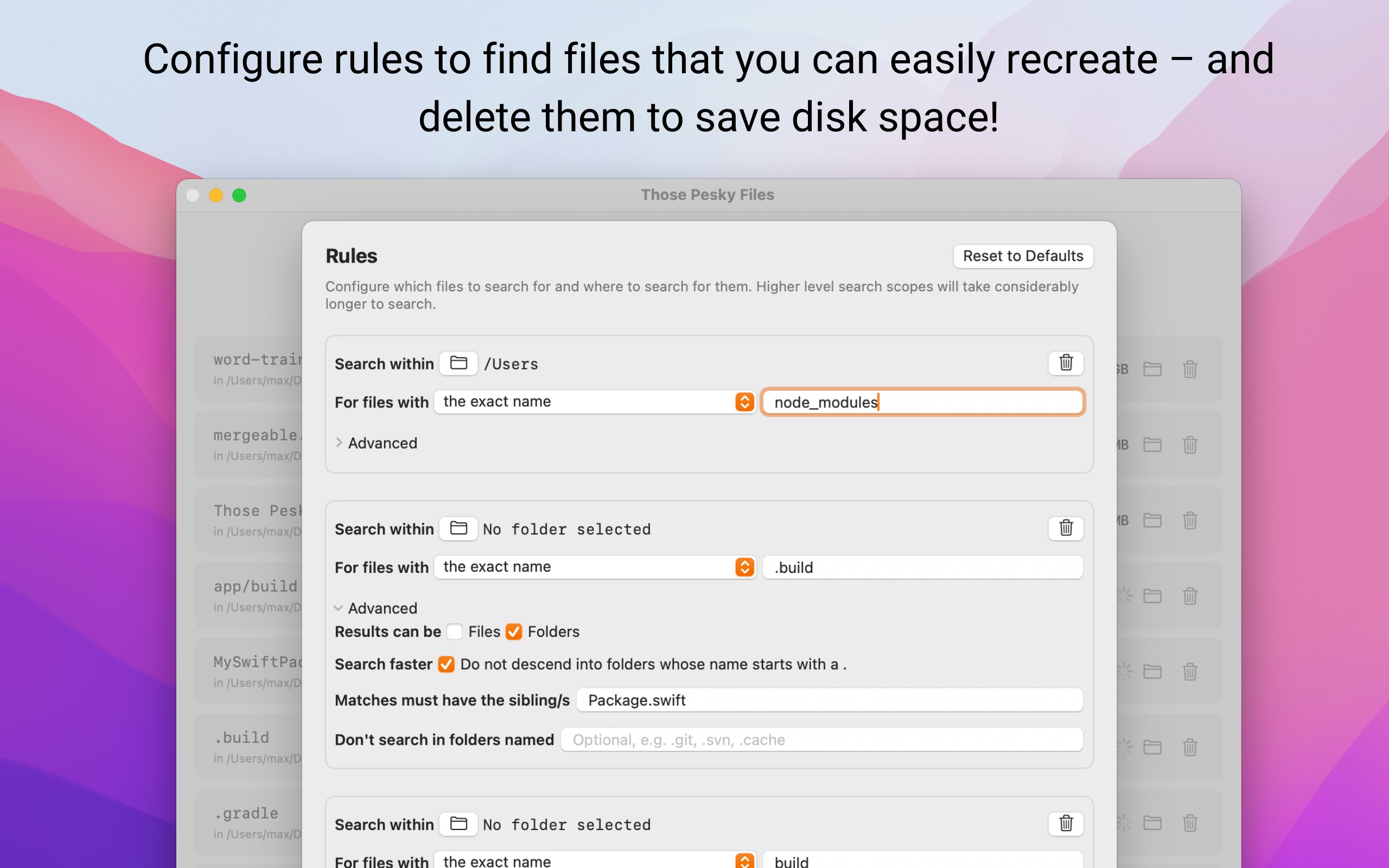 Those Pesky Files rules editor — search scope, exact name matching, exclusions and sibling conditions